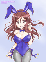Rule 34 | 1girl, animal ears, artist name, black eyes, blue background, blue bow, blue bowtie, blue leotard, bow, bowtie, breasts, brown hair, cleavage, collar, commentary request, covered navel, cowboy shot, dated, detached collar, fake animal ears, girls und panzer, grey pantyhose, hand in own hair, kuromori yako, leotard, long hair, looking at viewer, medium breasts, megumi (girls und panzer), open mouth, pantyhose, partial commentary, playboy bunny, rabbit ears, side-tie leotard, smile, solo, standing, strapless, strapless leotard, swept bangs, thighs, white collar, wing collar, wrist cuffs