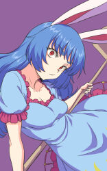 Rule 34 | 1girl, animal ears, blue dress, blue hair, breasts, dress, frilled dress, frills, highres, holding, holding mallet, kakone, kine, long hair, looking at viewer, mallet, medium breasts, one-hour drawing challenge, purple background, rabbit ears, red eyes, seiran (touhou), simple background, solo, touhou