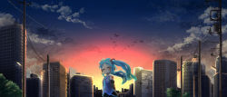 Rule 34 | 1girl, aqua hair, aqua necktie, arms behind back, bare shoulders, bird, black skirt, blush, building, chamaji, cityscape, closed eyes, commentary request, detached sleeves, evening, grey vest, grin, hatsune miku, highres, lamppost, necktie, power lines, revision, skirt, sky, skyline, skyscraper, smile, solo, standing, star (sky), starry sky, tattoo, teeth, tree, vest, vocaloid