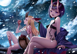 Rule 34 | 2girls, :d, arm support, arm tattoo, bare arms, bare legs, bare shoulders, barefoot, beads, blonde hair, breasts, cloud, cloudy sky, commentary request, crossed legs, cup, drinking glass, eyeshadow, facial mark, fangs, fate/grand order, fate (series), fingernails, food, forehead mark, from side, fruit, full moon, gem, glowing, glowing petals, head tilt, headpiece, holding, holding cup, holding food, holding fruit, horns, ibaraki douji (fate), japanese clothes, kimono, knee up, leg tattoo, long hair, looking at viewer, looking away, looking to the side, makeup, moon, mountain, multiple girls, navel, night, night sky, obi, off shoulder, on roof, oni, open mouth, pale skin, peach, petals, pointy ears, prayer beads, print kimono, profile, purple eyes, purple hair, purple kimono, revealing clothes, sakazuki, sash, sharp fingernails, sharp toenails, short eyebrows, short hair, shoulder tattoo, shuten douji (fate), sidelocks, sion (9117), skin-covered horns, sky, small breasts, smile, straight hair, tattoo, toenails, wind, yellow eyes, yellow kimono