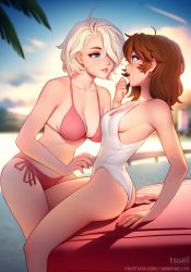 Rule 34 | 2girls, artist name, ass, audi (tsuaii), bare arms, bare shoulders, bikini, blue eyes, blurry, blurry background, body freckles, breasts, brooke (mleth), brown hair, collaboration, collarbone, commentary, english commentary, eye contact, freckles, hair over one eye, highres, long hair, looking at another, medium breasts, mleth, multiple girls, nail polish, one-piece swimsuit, one eye covered, open mouth, original, outdoors, paid reward available, parted lips, pink nails, red bikini, side-tie bikini bottom, sideboob, smile, swimsuit, tsuaii, twitter username, white hair, white one-piece swimsuit, yuri