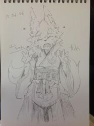 Rule 34 | 1girl, ^ ^, animal ear fluff, animal ears, animal nose, artist name, blush, character name, closed eyes, cowboy shot, cropped legs, dated, detached sleeves, facial mark, facing viewer, fang, female focus, flat chest, fox ears, fox girl, fox tail, furry, furry female, greyscale, hakama, happy, head tilt, heart, japanese clothes, japanese text, kame (3t), kimono, light blush, long sleeves, monochrome, obi, open mouth, original, photo (medium), sash, short hair, signature, simple background, sketch, sleeveless, sleeveless kimono, smile, solo, standing, straight-on, swept bangs, tail, thick eyebrows, traditional media, translated, whisker markings, white background, wide sleeves, yhun-chan (kame (3t))