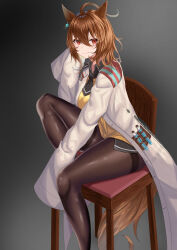Rule 34 | 1girl, absurdres, agnes tachyon (umamusume), ahoge, animal ears, black necktie, black pantyhose, black shirt, breasts, brown hair, chair, chemical structure, closed mouth, coat, collared shirt, commentary request, earrings, foot out of frame, gradient background, hair between eyes, highres, horse ears, horse girl, horse tail, jewelry, lab coat, medium breasts, messy hair, necktie, on chair, open clothes, open coat, pantyhose, red eyes, shirt, short hair, single earring, sitting, sleeves past fingers, sleeves past wrists, solo, sweater vest, tail, thighband pantyhose, tsuyusora, umamusume, very long sleeves, white coat, yellow sweater vest