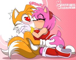 Rule 34 | 1boy, 1girl, amy rose, blush, boots, breasts, closed eyes, curvy, deviantart username, dress, fox boy, gloves, hands on another&#039;s head, hands on another&#039;s thighs, heart, heart-shaped pupils, hedgehog girl, hug, kiss, mobian (species), moisesgrafic, multicolored boots, multiple tails, pink fur, red dress, sonic (series), symbol-shaped pupils, tail, tails (sonic), yellow fur