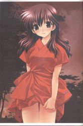 Rule 34 | 1girl, alternate costume, artist request, borrowed clothes, brown eyes, brown hair, clothes grab, cowboy shot, evening, female focus, from below, higurashi kagome, inuyasha, japanese clothes, long hair, nature, non-web source, outdoors, plant, scan, short sleeves, sky, solo, source request, tree