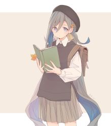 Rule 34 | 1girl, alternate costume, beret, black hat, blue hair, blush, book, colis, grey hair, grey skirt, hair between eyes, hair ornament, hair ribbon, hairclip, hat, holding, holding book, kantai collection, kiyoshimo (kancolle), leaf, long hair, long sleeves, low twintails, multicolored hair, purple eyes, ribbon, shirt, simple background, skirt, solo, twintails, twitter username, two-tone background, very long hair, white shirt