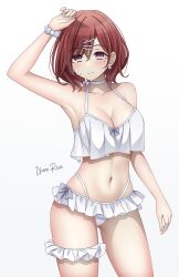 Rule 34 | 1girl, absurdres, akane rose, alternate costume, arm up, armpits, artist name, bare shoulders, breasts, brown hair, cleavage, collarbone, hair ornament, hairpin, highres, higuchi madoka, idolmaster, idolmaster shiny colors, medium breasts, medium hair, mole, mole under eye, navel, purple eyes, simple background, solo, stomach, swimsuit, white background