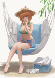 Rule 34 | 1girl, absurdres, bare shoulders, barefoot, bikini, braid, breasts, choker, denim, denim shorts, earrings, feather earrings, feathers, feet, green bikini, green choker, hat, highres, hololive, hololive english, jewelry, knees together feet apart, kotori (takanashi kiara), large breasts, legs, looking at viewer, navel, official alternate costume, open clothes, open fly, open shorts, orange hair, purple eyes, shoes, shorts, simple background, smile, solo, straw hat, sunai, swimsuit, takanashi kiara, takanashi kiara (casual), toenails, toes, twin braids, unworn shoes, virtual youtuber, white background