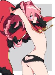 Rule 34 | 1boy, arms up, astolfo (fate), black panties, board game, border, braid, commentary request, eyes visible through hair, fate/apocrypha, fate (series), from side, go (board game), grey background, hair between eyes, hair intakes, highres, lace, lace-trimmed panties, lace trim, long hair, looking at viewer, looking to the side, male focus, mg nemuio, nipples, outside border, panties, pink hair, purple eyes, simple background, single braid, solo, trap, underwear, very long hair, white border