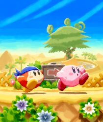 Rule 34 | :o, arrow (symbol), aruco co, bandana, bandana waddle dee, blue bandana, blue eyes, blue flower, blue sky, blush, blush stickers, brown eyes, cactus, commentary request, day, desert, fence, flower, highres, kirby, kirby&#039;s return to dream land, kirby (series), nintendo, no humans, oasis, open mouth, outdoors, palm tree, plant, purple flower, pyramid (structure), running, sand, sign, sky, sweat, tree, water, white flower