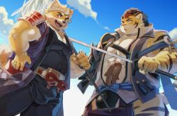 Rule 34 | 2boys, animal ears, bara, blue sky, bulge, cloud, cloudy sky, commentary request, dog boy, dog ears, dog tail, fangs, furry, furry male, furry with furry, hachimaki, hands on own hips, happi, headband, highres, hitachi (tamacolle), holding, holding sword, holding weapon, japanese clothes, kajika (ka ji ka), looking at viewer, male focus, multiple boys, musashi (tamacolle), nejiri hachimaki, open mouth, sky, smile, sword, tail, tamacolle, tiger boy, tiger ears, tiger stripes, tiger tail, weapon