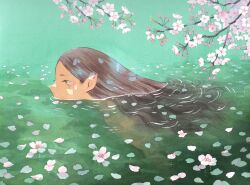 Rule 34 | 1girl, aqua background, brown hair, cherry blossoms, falling petals, flower, flower on liquid, green eyes, heikala, highres, long hair, original, outdoors, painting (medium), partially submerged, petals, pink flower, pink petals, pointy ears, swimming, traditional media, water, watercolor (medium)
