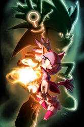 Rule 34 | 1boy, 1girl, artist name, blaze the cat, dated, gloves, highres, jacket, magic, nerkin, open mouth, pants, purple jacket, sharp teeth, shoes, silver the hedgehog, sonic (series), teeth, watermark, white gloves, white pants