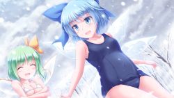 Rule 34 | 2girls, :d, ^ ^, bare arms, bare shoulders, bare tree, bikini, blue eyes, blue one-piece swimsuit, breasts, cirno, closed eyes, cloud, cloudy sky, cold, collarbone, commentary request, covered navel, daiyousei, dutch angle, fairy wings, highres, ice, ice wings, lzh, medium breasts, multiple girls, one-piece swimsuit, open mouth, school swimsuit, short hair, sky, smile, snowing, string bikini, swimsuit, touhou, tree, trembling, white bikini, wings, winter