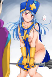 Rule 34 | ..., 1boy, 1girl, blue hair, blue headwear, blue tabard, blush, breasts squeezed together, breasts, covering privates, covering crotch, dragon quest, dragon quest iii, embarrassed, gloves, hat, holding, holding staff, holding weapon, large breasts, leaning forward, long hair, looking at viewer, looking away, looking to the side, mace, mitre, naked tabard, nipples, priest (dq3), red eyes, roto (dq3), sideways glance, solo focus, spoken blush, spoken ellipsis, square enix, staff, tabard, tabard tug, tsukimoto kizuki, weapon, yellow gloves