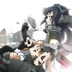 Rule 34 | 10s, 1girl, arm at side, bare arms, black gloves, black hair, breasts, bright background, burnt clothes, clenched hand, commentary request, elbow gloves, fingerless gloves, from side, gloves, hand on another&#039;s back, hand up, headgear, high collar, kantai collection, long hair, long sleeves, looking afar, midriff, nagato (kancolle), parted lips, pleated skirt, red eyes, revision, short sleeves, simple background, skirt, solo focus, stomach, tanaka kusao, thighhighs, torn clothes, torn coat, torn gloves, torn skirt, transparent, underboob, upper body, white background