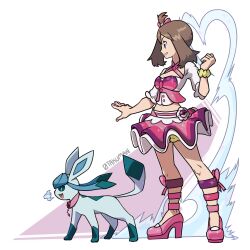 Rule 34 | 1girl, absurdres, anklet, bracelet, brown hair, clenched hand, commentary, creatures (company), from side, game freak, gen 4 pokemon, glaceon, hand up, high heels, highres, jewelry, knees, may (pokemon), medium hair, nail polish, nintendo, otakuman, parted lips, pink footwear, pink nails, pokemon, pokemon (creature), pokemon oras, shirt, shorts, shorts under skirt, signature, skirt, smile, standing, white background, white shirt, yellow shorts