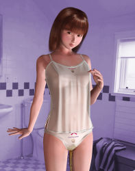 Rule 34 | 1girl, 3d, animal print, artist request, bathroom, bow, bow panties, breasts, brown eyes, brown hair, camisole, cat print, clothes writing, cowboy shot, female focus, highres, indoors, light switch, long hair, looking at viewer, navel, panties, peeing, peeing self, print camisole, print panties, red bow, see-through, see-through camisole, solo, toilet, underwear, wet, wet clothes, wet panties, white camisole, white panties, window