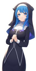 Rule 34 | 1girl, nanashi inc., :3, animare, black dress, blue eyes, blue hair, breasts, dress, habit, highres, large breasts, long hair, long sleeves, looking at viewer, nishino eri, nun, own hands clasped, own hands together, simple background, smile, solo, souya ichika, upper body, veil, virtual youtuber, white background