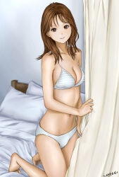 Rule 34 | 1girl, artist name, barefoot, bed, blurry, blurry background, bra, breasts, brown eyes, brown hair, cleavage, closed mouth, curtains, depth of field, highres, kabashima hikari, kneeling, looking at viewer, m.m (mmitsu 93), medium breasts, medium hair, navel, on bed, open mouth, panties, pillow, real life, signature, smile, solo, string bra, striped bra, striped clothes, striped panties, underwear, underwear only, white bra, white panties