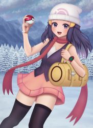 Rule 34 | 1girl, :d, absurdres, bag, beanie, black hair, black thighhighs, blush, bracelet, cloud, commentary request, creatures (company), dawn (pokemon), day, duffel bag, eyelashes, game freak, grey eyes, hair ornament, hairclip, hat, highres, holding, holding poke ball, holding strap, jewelry, long hair, nintendo, open mouth, outdoors, pink skirt, poke ball, poke ball (basic), pokemon, pokemon dppt, poketch, red scarf, scarf, shirt, sidelocks, skirt, sky, sleeveless, sleeveless shirt, smile, snow, solo, teeth, thighhighs, tongue, tree, watch, white hat, wristwatch, yellow bag, zero artbox