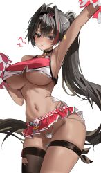 1girl absurdres ahoge arm_up armpits bay_(nikke) black_eyes black_hair black_hairband black_thighhighs breasts cheerleader dark-skinned_female dark_skin goddess_of_victory:_nikke hair_intakes hairband hashtag-only_commentary highres holding holding_pom_poms large_breasts long_hair microskirt navel panties pink_skirt pom_pom_(cheerleading) pom_poms ponytail single_thighhigh skirt solo stomach thigh_strap thighhighs thighs torn_clothes torn_thighhighs underboob underwear white_panties yam_s2