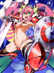 Rule 34 | 1girl, absurdres, armor, armpits, arms up, artist request, bare shoulders, bike shorts, bikini armor, blonde hair, blush stickers, boots, breasts, bright pupils, cleavage, clenched hands, cosplay, cropped vest, demon girl, demon tail, duel monster, elizabeth bathory (brave) (fate), elizabeth bathory (brave) (fate) (cosplay), elizabeth bathory (fate), fang, fate (series), green eyes, hair between eyes, hair ornament, highres, holding, holding shield, holding sword, holding weapon, jacket, ki-sikil (yu-gi-oh!), legs apart, live twin, long hair, long twintails, looking at viewer, medium breasts, midriff, multicolored hair, navel, night, night sky, off shoulder, open mouth, pink hair, pink jacket, red vest, revealing clothes, shield, shiny clothes, shiny skin, sidelocks, sky, smile, solo, sword, tail, twintails, two-tone hair, very long hair, vest, weapon, yu-gi-oh!, zipper