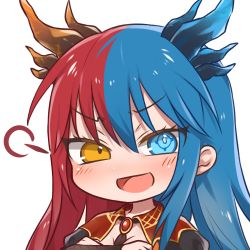 Rule 34 | 1girl, blue eyes, blue hair, blue horns, blush, breasts, bright pupils, chibi, cleavage, commission, commissioner upload, dragon girl, dragon horns, dress, gem, horns, inferna dragnis (xoldrek), jewelry, long hair, looking at viewer, medium breasts, multicolored eyes, multicolored hair, multicolored horns, necktie, open mouth, orange eyes, original, pale skin, red hair, red horns, smile, smug, solo, split-color hair, standing, symbol-shaped pupils, transparent background, usagi1923, white pupils