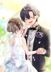 Rule 34 | 1boy, 1girl, :d, absurdres, bare shoulders, black hair, black suit, bow, bowtie, braid, braided bun, brown hair, corsage, day, dress, closed eyes, facing another, formal, hair bun, hetero, highres, holding hands, izumi rei (stand my heroes), jewelry, miyase gou, necklace, open mouth, outdoors, petals, ponzunabe 001, ring, smile, stand my heroes, standing, suit, tears, tiara, veil, wedding dress, white dress