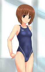 Rule 34 | 10s, 1girl, arena (company), arms behind back, bad id, bad pixiv id, blue one-piece swimsuit, breasts, brown eyes, brown hair, competition swimsuit, cowboy shot, girls und panzer, gray swimsuit, grey one-piece swimsuit, highres, logo, looking at viewer, nishizumi miho, one-piece swimsuit, parted lips, short hair, small breasts, solo, standing, swimsuit, takafumi, window