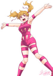 Rule 34 | absurdres, armband, artist name, bodysuit, boots, breasts, brown hair, commentary, dated, dutch angle, fresh precure!, highres, hot limit, medium breasts, medium hair, momozono love, open mouth, outstretched arms, pink bodysuit, pink eyes, pink footwear, precure, satou yasu, signature, simple background, smile, spread arms, standing, t.m.revolution, twintails, white background, wristband