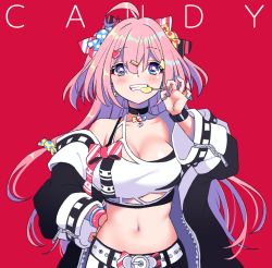 Rule 34 | 1girl, ahoge, bare shoulders, belt, biting, black jacket, blue eyes, breasts, candy, candy hair ornament, choker, cleavage, collarbone, crop top, food, food-themed hair ornament, food themed hair ornament, grin, hair ornament, hairclip, hand on own hip, hand up, heart, highres, holding, hoshina meito, jacket, large breasts, lollipop, long hair, looking at viewer, midriff, multicolored nails, nail polish, navel, open clothes, open jacket, original, pink hair, red background, shirt, simple background, sleeveless, sleeveless shirt, smile, solo, stomach, upper body, white shirt, wristband