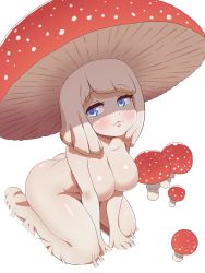 Rule 34 | 1girl, arm support, ass, blue eyes, breasts, fly agaric, full body, highres, large breasts, mushroom, nude, original, personification, rogeris, seiza, sitting, smile, solo, white background