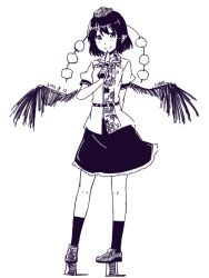 Rule 34 | 1girl, arm behind back, dated, feathered wings, geta, hand fan, hat, kawashina (momen silicon), leaf print, looking at viewer, monochrome, pointy ears, pom pom (clothes), purple theme, shameimaru aya, short hair, simple background, skirt, smile, solo, tengu-geta, tokin hat, touhou, white background, wings