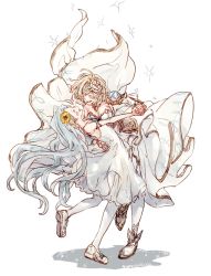 Rule 34 | 2girls, :d, ^ ^, artist name, bad id, bad pixiv id, blonde hair, blue hair, blush, closed eyes, cosplay, dancing, djeeta (granblue fantasy), dress, closed eyes, flower, full body, glorybringer (granblue fantasy), granblue fantasy, hair flower, hair ornament, holding hands, interlocked fingers, kazzu, knights of glory, long hair, lyria (granblue fantasy), multiple girls, muted color, open mouth, shadow, short hair, shoulder pads, smile, sparkle, the glory (cosplay), white background, white dress