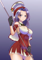 Rule 34 | 1girl, alternate costume, blush, breasts, button gap, christmas, closed mouth, dress, glaive (polearm), gradient background, hair intakes, halo, hat, kantai collection, large breasts, mechanical halo, moke ro, polearm, purple eyes, purple hair, santa hat, shawl, short hair, smile, solo, tatsuta (kancolle)
