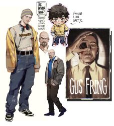 Rule 34 | absurdres, animification, bald, beanie, blood, blood on face, breaking bad, chibi, crop top, ctstudio (executional), facial hair, fashion, flynn white, full body, gustavo fring, hat, highres, jacket, jesse pinkman, shirt, striped clothes, striped shirt, walter white, walter white jr, white background