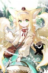Rule 34 | 1girl, absurdres, animal, animal ears, animal on head, arknights, bag, basket, black cat, blonde hair, brown bag, cardigan, cat, cat on head, fox ears, fox girl, fox tail, frilled hairband, frills, green eyes, green skirt, hair down, hairband, hand up, highres, holding, holding basket, kitsune, long hair, long sleeves, looking at viewer, luan teng, luo xiaohei, multiple tails, neck ribbon, official alternate costume, on head, open cardigan, open clothes, red ribbon, ribbon, satchel, shirt, shoulder bag, skirt, smile, solo, suzuran (arknights), suzuran (praise spring) (arknights), suzuran (spring praise) (arknights), tail, luo xiaohei zhanji, white shirt, yellow cardigan