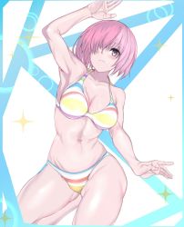 Rule 34 | 1girl, armpits, artist request, blush, fate/grand order, fate (series), mash kyrielight, mash kyrielight (swimsuit of perpetual summer ver.02), official alternate costume, one eye covered, pink hair, purple eyes, short hair, swimsuit, thighs