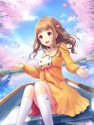 Rule 34 | 1girl, :d, boat, brown eyes, brown hair, casual, cherry blossoms, dress, ilog, jewelry, long hair, looking at viewer, occhan (11715), oda yukari, official art, open mouth, pendant, petals, sitting, smile, solo, sparkle, watercraft, wind, yellow dress
