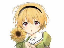 Rule 34 | 1girl, :o, arms up, black hairband, blonde hair, commentary, dress, flower, green dress, hairband, highres, higurashi no naku koro ni, holding, holding flower, houjou satoko, looking at viewer, neckerchief, open mouth, red eyes, sailor collar, short sleeves, shosudo, simple background, solo, sunflower, white background, white sailor collar, yellow flower, yellow neckerchief
