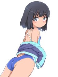 Rule 34 | 1girl, ass, black hair, blue eyes, blue one-piece swimsuit, blunt bangs, blush, bubukka, from behind, himenogi rinze, looking at viewer, looking back, love r, one-piece swimsuit, short hair, simple background, solo, swimsuit, white background