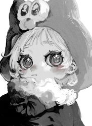 Rule 34 | 1girl, absurdres, animal hood, blush, closed mouth, curecatechin, highres, hood, looking at viewer, monochrome, original, ribbon, solo, white background