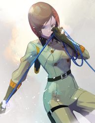 Rule 34 | 1girl, belt, bob cut, breasts, brown eyes, brown hair, cofffee, cowboy shot, elbow gloves, female focus, gloves, holding, holding whip, looking at viewer, medium breasts, military, military uniform, revision, short hair, simple background, snk, solo, the king of fighters, uniform, whip, whip (kof), white background
