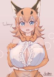 Rule 34 | 1girl, alternate language, animal ears, artist name, belt, black hair, blue eyes, blush, bow, bowtie, breast pocket, breasts, brown background, caracal (kemono friends), cleavage, elbow gloves, english text, female focus, frilled shirt, frills, gloves, gradient hair, hand on own chest, hand up, highres, huge breasts, kemono friends, long hair, looking at viewer, motion lines, multicolored hair, nose blush, open clothes, open mouth, open shirt, orange bow, orange bowtie, orange gloves, orange hair, orange skirt, pocket, ryuusui arumo, shiny clothes, shiny skin, shirt, shirt tucked in, sidelocks, signature, simple background, skirt, sleeveless, sleeveless shirt, solo, sweat, talking, traditional bowtie, upper body, v-shaped eyebrows, white hair, white shirt