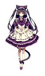 Rule 34 | 1girl, absurdres, animal ears, bell, black hair, cat ears, dress, full body, hakoniwa no folklore, headdress, highres, layered dress, light smile, long hair, own hands together, red eyes, short sleeves, simple background, skirt, solo, tail, twintails, two side up, white background