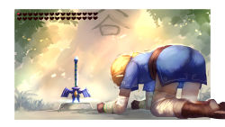 Rule 34 | 1boy, absurdres, all fours, blonde hair, boots, despair, health bar, heart, highres, link, male focus, master sword, nintendo, pants, planted, pointy ears, shiburingaru, solo, the legend of zelda, the legend of zelda: breath of the wild, weapon
