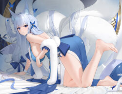 Rule 34 | 1girl, absurdres, animal ear fluff, animal ears, azur lane, bare shoulders, blue dress, blue eyes, breasts, cleavage, dress, fox ears, hair ornament, highres, kitsune, large breasts, long hair, looking at viewer, multiple tails, official alternate costume, qing wu, shinano (azur lane), shinano (dreams of the hazy moon) (azur lane), solo, tail, very long hair