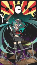 Rule 34 | ahoge, aqua hair, broom, clock, desk, evil grin, evil smile, glowing, glowing eyes, green eyes, grin, hand on own hip, hatsune miku, headset, hip focus, kutabare pta (vocaloid), long hair, mask, middle finger, midriff, nata, navel, open mouth, school uniform, silhouette, smile, solo, thighhighs, twintails, very long hair, vocaloid, zettai ryouiki