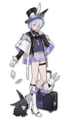 Rule 34 | 1boy, animal, artist request, boots, bow, bowtie, braid, buckle, card, dropping, earrings, game cg, hair between eyes, hat, highres, holding, holding card, jewelry, luggage, mahjong soul, male focus, official art, open mouth, playing card, purple eyes, rabbit, ring, rolling suitcase, ryan (mahjong soul), short shorts, shorts, solo, standing, stud earrings, suitcase, top hat, transparent background, white footwear, white hair, yostar